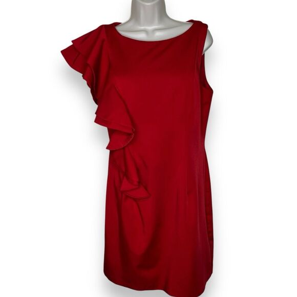 Mac Duggal Asymmetrical Ruffle Sleeve Red Cocktail Dress Women Size Medium READ - Picture 1 of 13